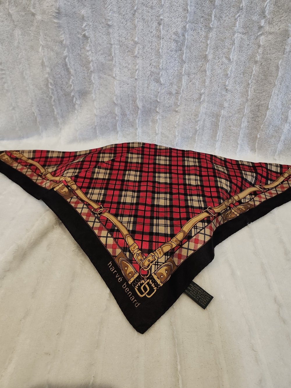 Harve Benard Red Plaid Scarf with Gold Chain Motif and Black Trim